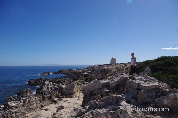 The view to Torre de Ses Portes in Salines walking route in Ibiza